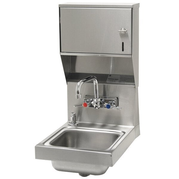 Advance Tabco 7-PS-84 Space Saving Hand Sink with Splash Mount Faucet, Soap, and Paper Towel Dispenser - 12" x 16" 1 Advance Tabco 7-PS-84 Space Saving Hand Sink with Splash Mount Faucet, Soap, and Paper Towel Dispenser - 12" x 16"