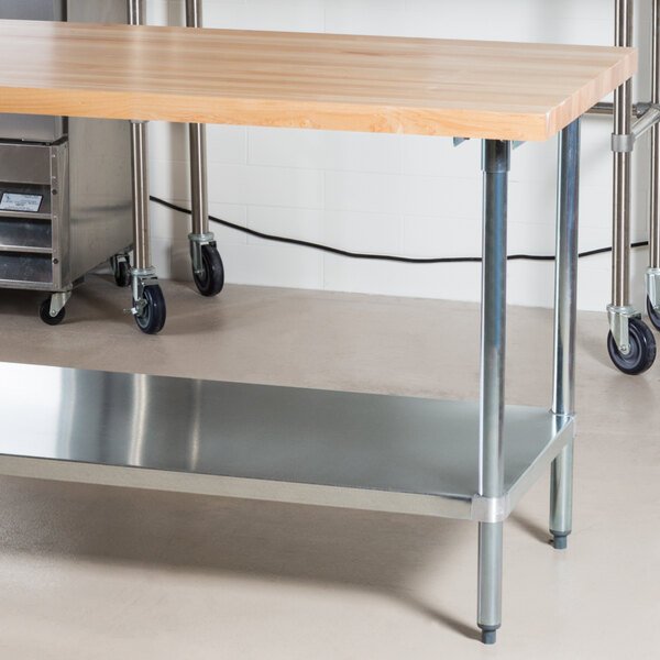 Advance Tabco H2G-308 Wood Top Work Table with Galvanized Base and Undershelf - 30" x 96" 4 Advance Tabco H2G-308 Wood Top Work Table with Galvanized Base and Undershelf - 30" x 96" - Image 4