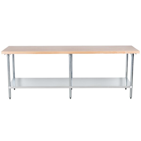 Advance Tabco H2G-308 Wood Top Work Table with Galvanized Base and Undershelf - 30" x 96" 1 Advance Tabco H2G-308 Wood Top Work Table with Galvanized Base and Undershelf - 30" x 96"