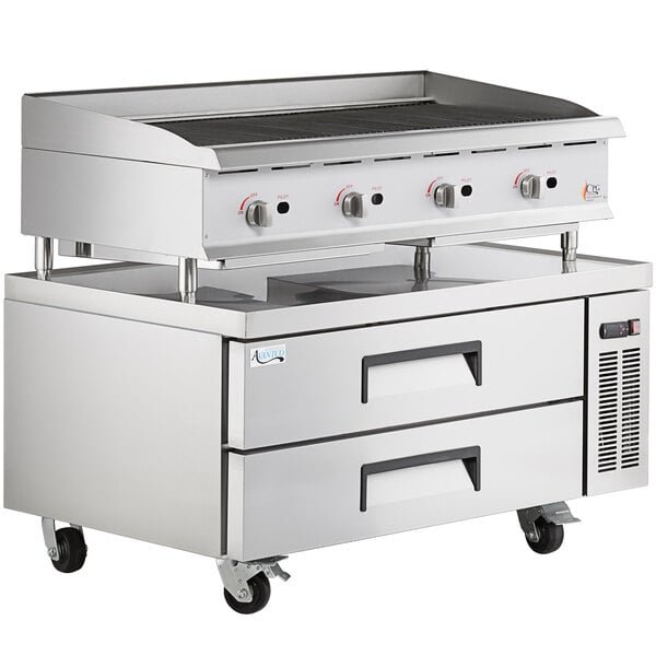 Cooking Performance Group CBR48 48" Gas Countertop Radiant Charbroiler and 48", 2 Drawer Refrigerated Chef Base - 160,000 BTU 1 Cooking Performance Group CBR48 48" Gas Countertop Radiant Charbroiler and 48", 2 Drawer Refrigerated Chef Base - 160,000 BTU