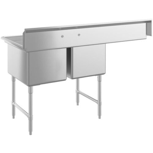 Regency 64 1/2" Two Compartment Commercial Sink with Stainless Steel Legs, Cross Bracing, and 24" Left Drainboard