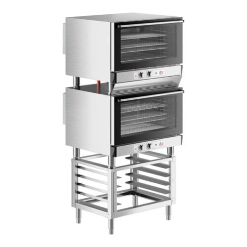 Cooking Performance Group COF-T4-M Double Stacked Electric Thermostatic 4 Tray Full Size Convection Oven with Moisture Injection and Stand - 208-240V