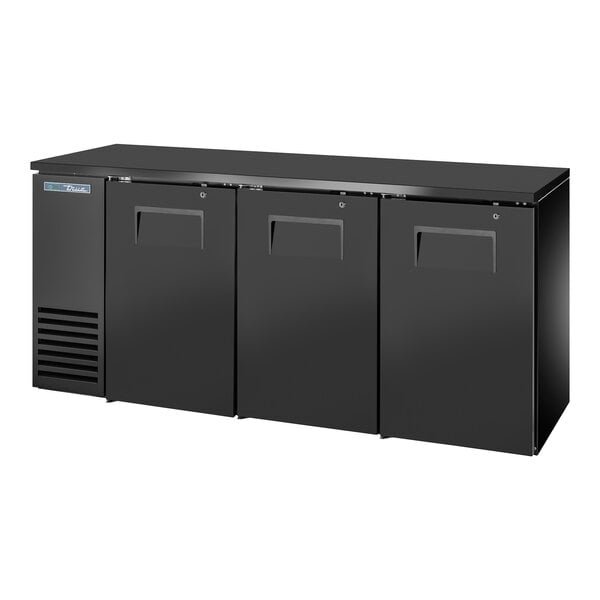 True TBB24-72-3S-Z1-BST-B-1 72 1/8" Black Solid Door Back Bar Refrigerator with Black Sub Top and LED Lighting 1 True TBB24-72-3S-Z1-BST-B-1 72 1/8" Black Solid Door Back Bar Refrigerator with Black Sub Top and LED Lighting