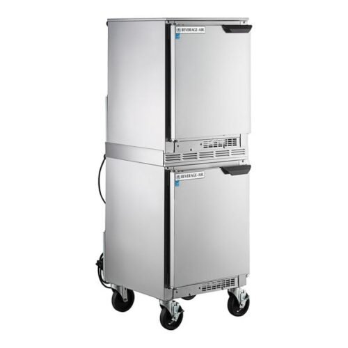 Beverage-Air UCF20HC-24 and UCR20HC-24 Double Stacked 20" Shallow Depth Undercounter Freezer and Refrigerator with Left Hinged Doors and 6" Casters