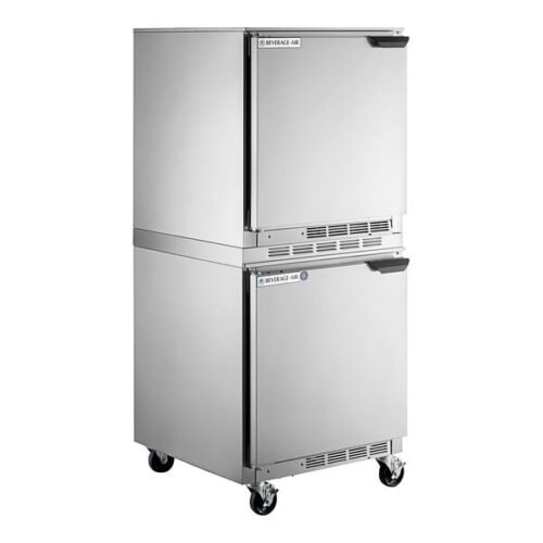 Beverage-Air UCF27AHC-24 and UCR27AHC-24 Double Stacked 27" Undercounter Freezer and Refrigerator with Left Hinged Doors and 6" Casters