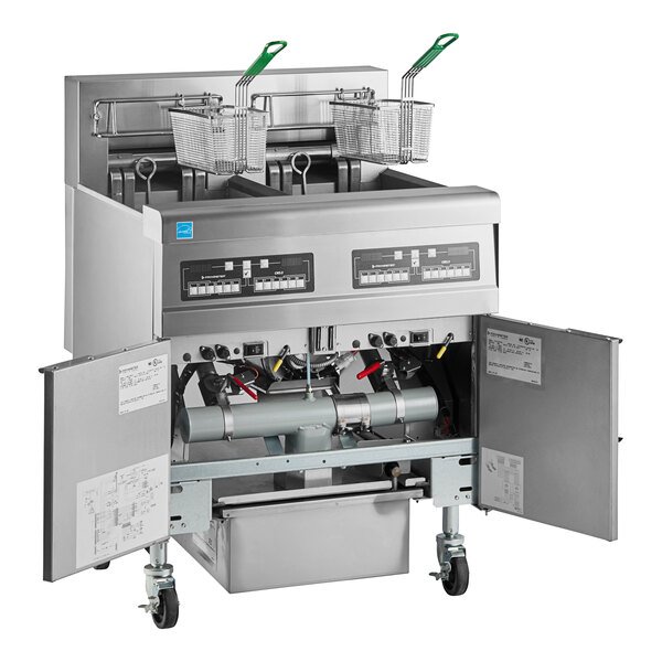 Frymaster FPRE214 High Efficiency Electric Floor Fryer with (2) 50 lb. Open Frypots, Built-In Filtration, and CM 3.5 Controls - 208V, 1 Phase, 28 kW 4 Frymaster FPRE214 High Efficiency Electric Floor Fryer with (2) 50 lb. Open Frypots, Built-In Filtration, and CM 3.5 Controls - 208V, 1 Phase, 28 kW - Image 4
