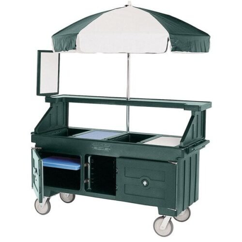 Cambro CVC72519 Camcruiser Green Customizable Vending Cart with Umbrella and 3 Counter Wells