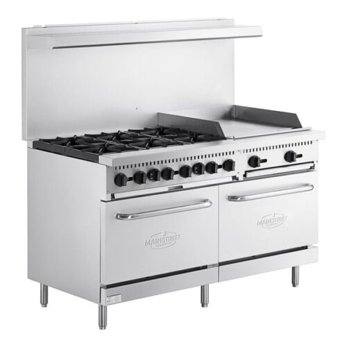 MainStreet Equipment E60-G24-N Natural Gas 6 Burner 60" Range with 24" Griddle and 2 Standard Ovens - 280,000 BTU