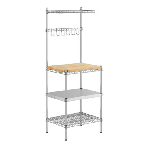 Regency 18" x 24" x 64" Chrome Baker's Rack Wire Shelf and Solid Stainless Steel Shelf with Hardwood Cutting Board