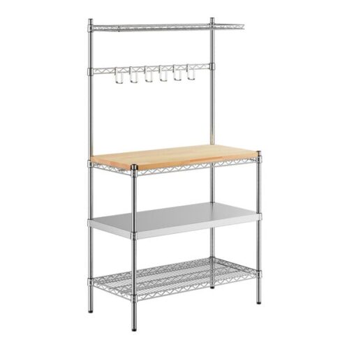 Regency 18" x 36" x 64" Chrome Baker's Rack Wire Shelf and Solid Stainless Steel Shelf with Hardwood Cutting Board