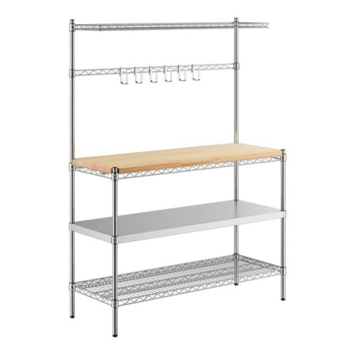 Regency 18" x 48" x 64" Chrome Baker's Rack Wire Shelf and Solid Stainless Steel Shelf with Hardwood Cutting Board