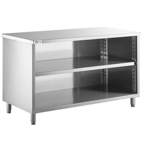 Regency 24" x 60" 16 Gauge Type 304 Stainless Steel Enclosed Base Table with Open Front and Adjustable Midshelf