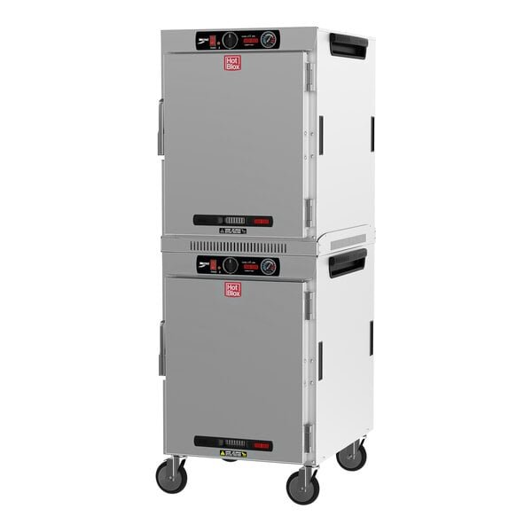 Metro HBCW16-AS-M HotBlox Dual Cavity Stacked Full Size Wide Insulated Heated Mobile Holding Cabinet with Solid Door and Analog Controls - 1,750W 1 Metro HBCW16-AS-M HotBlox Dual Cavity Stacked Full Size Wide Insulated Heated Mobile Holding Cabinet with Solid Door and Analog Controls - 1,750W