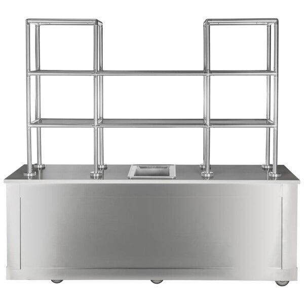 Bon Chef 51014 96" x 30" x 80" Stainless Steel Mobile Back Bar with Glass Shelves 1 Bon Chef 51014 96" x 30" x 80" Stainless Steel Mobile Back Bar with Glass Shelves